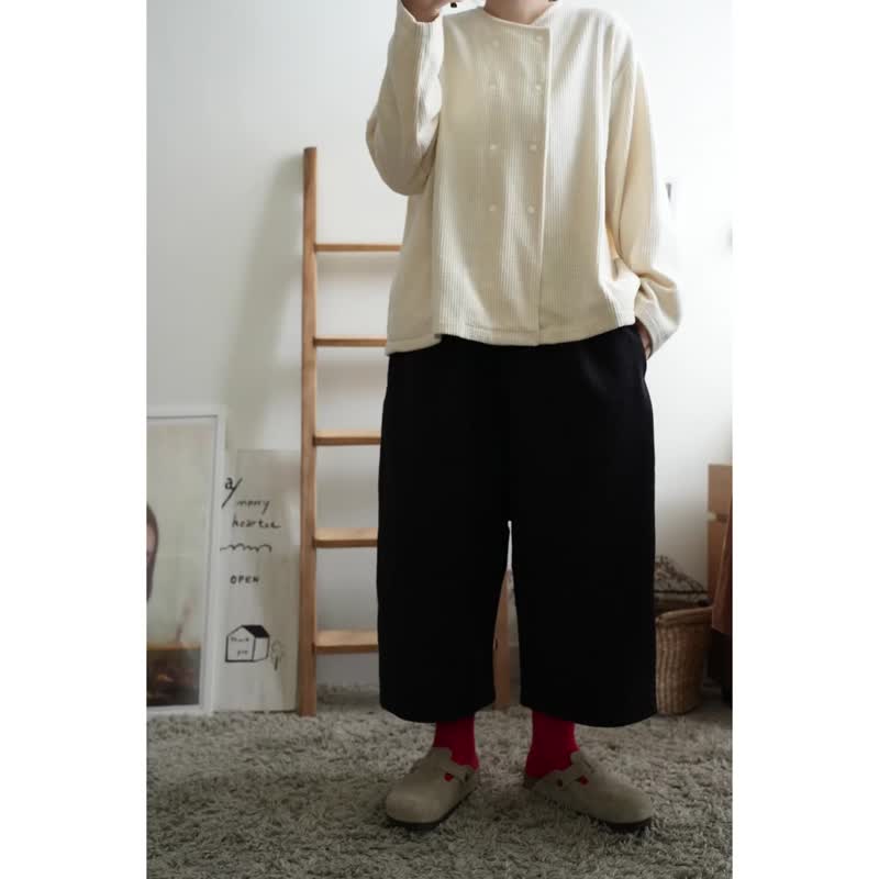皱皱的墨水黑 宽裤 - 女装长裤 - 棉．麻 黑色