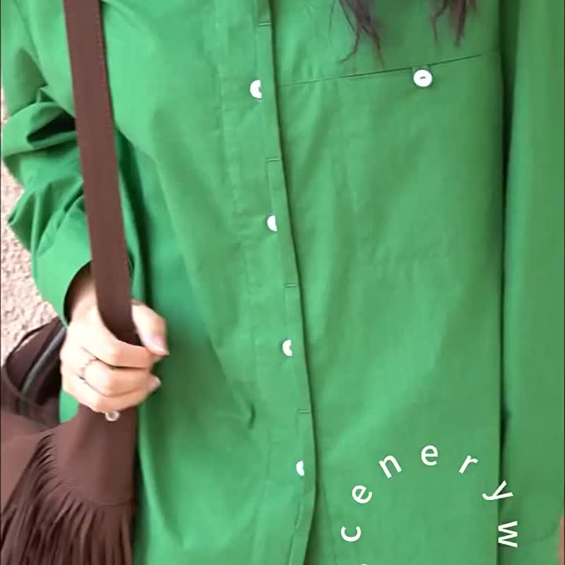 自然綠 文藝復古綠翻領襯衫 秋裝新款通勤百搭上衣襯衣 - 女装衬衫 - 棉．麻 绿色
