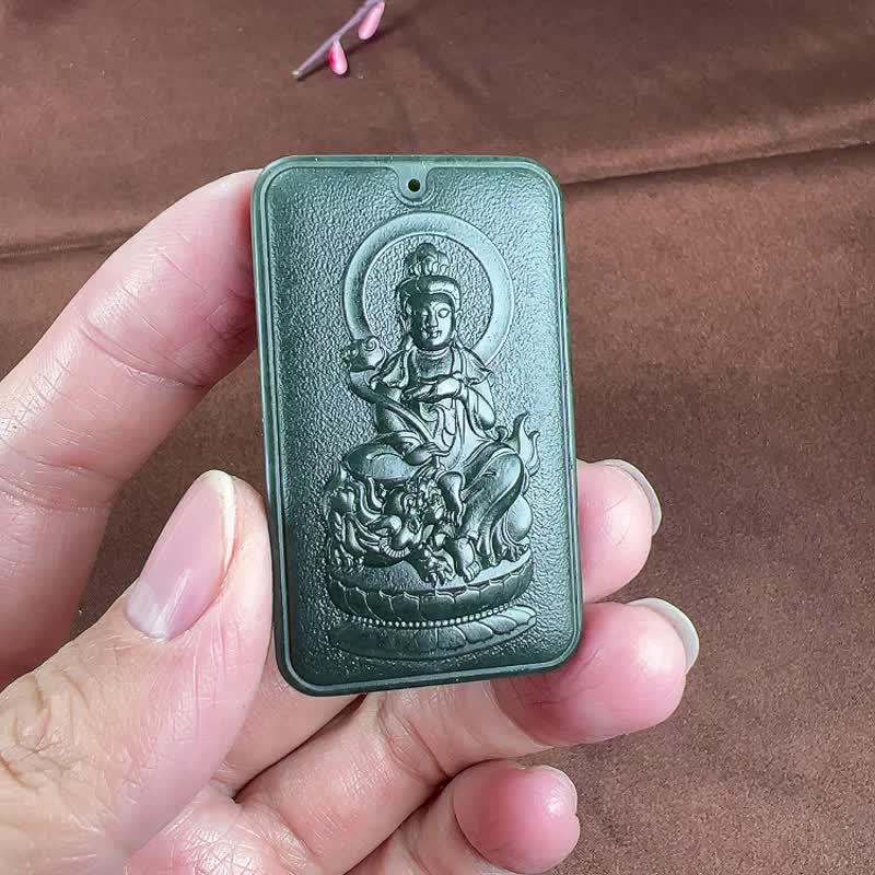 天然新疆和田玉青玉文殊菩萨吊坠新疆一级塔青细料生肖兔的守 - 吊饰 - 玉石 