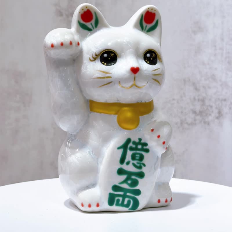 【灵眸招财】日本清水烧招财猫 | 花结晶 白 亿万両 右 - 摆饰 - 瓷 白色