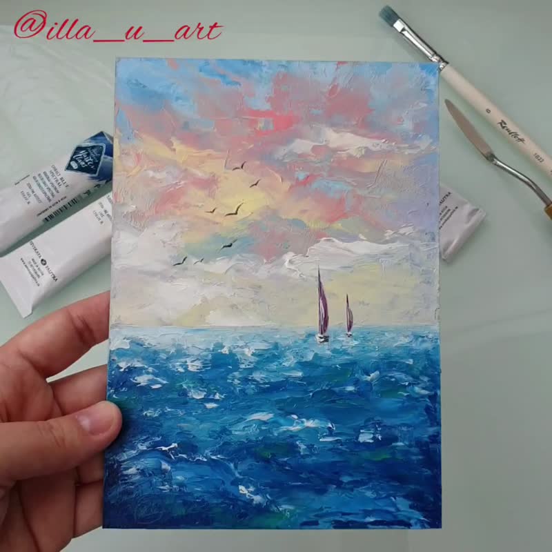 Sailboat Painting Seascape Original Art Sunset Wall Art Small Oil Painting - 海报/装饰画/版画 - 其他材质 多色