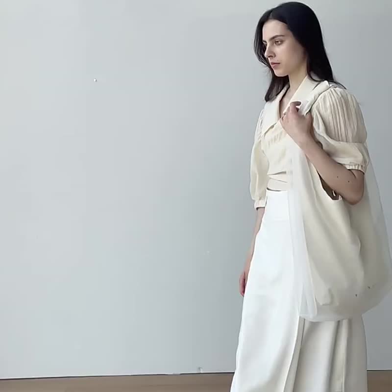 米白色 夏之味 欧根纱刺绣logo帆布包双层购物袋 若隐若现托特包 - 侧背包/斜挎包 - 棉．麻 白色