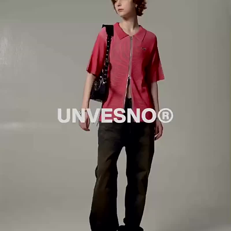 Unvesno (UN)千禧风冰爽手感撞色双拉链针织短袖衬衫  CT-2200 - 男装衬衫 - 棉 蓝色