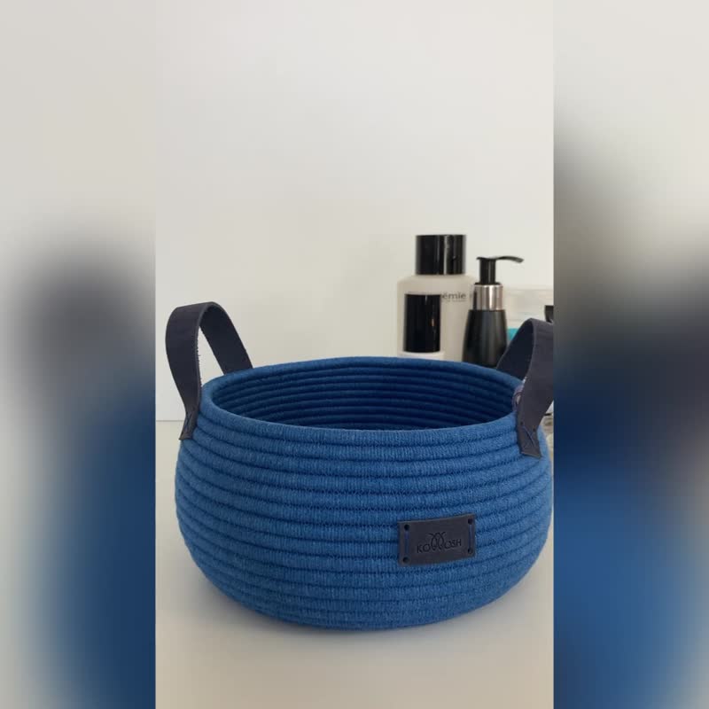 带皮革手柄的蓝色篮子 19 厘米 x 11.5 厘米 - 收纳用品 - 棉 蓝色