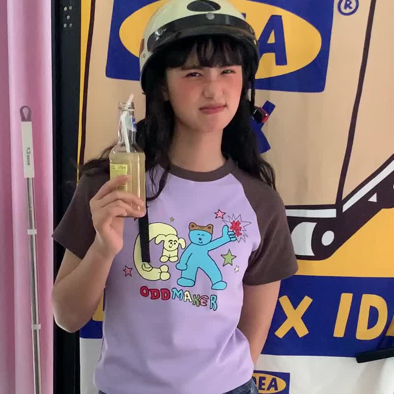 oddmaker撞色插肩袖ok图案印花T恤女圆领休闲短袖纯棉卡通T恤上衣 - 女装 T 恤 - 棉．麻 