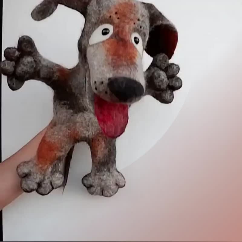 A dog with brown spots, puppet,  glove puppet, felted toy made of wool. - 玩具/玩偶 - 羊毛 灰色