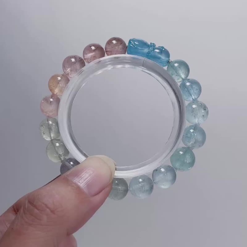 天然矿石 冰透彩摩根石9.5mm 透体海蓝宝小熊 925纯银 手链 - 手链/手环 - 宝石 多色