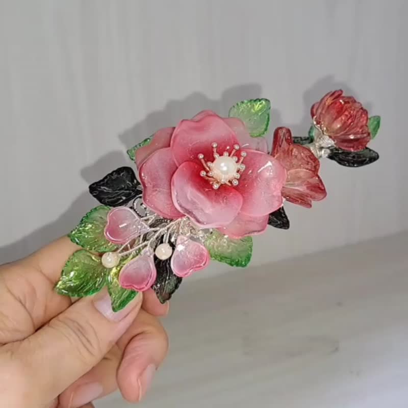 【出清特价】古风琉璃系列~玫瑰花~手环 / 发冠 两用款 - 手链/手环 - 玻璃 红色