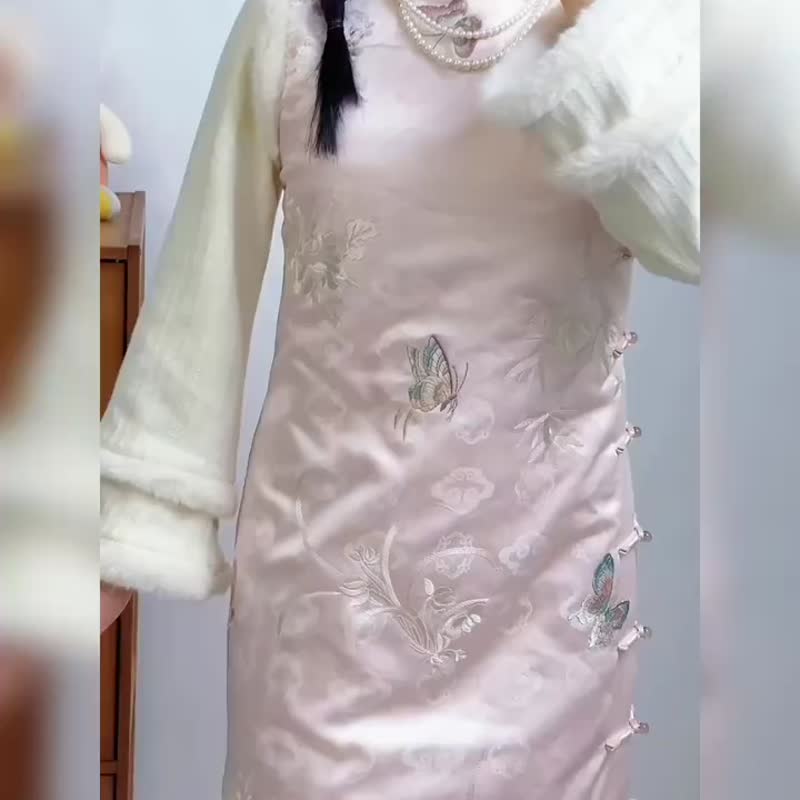 粉色刺綉 國風刺綉夾棉漢服馬甲旗袍 内搭上衣 新中式春節戰袍 - 洋装/连衣裙 - 聚酯纤维 粉红色
