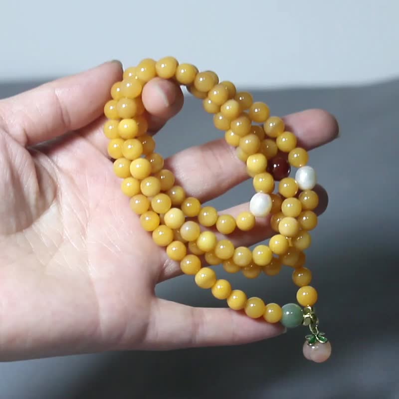【水蜜桃手链】天然黄龙玉6mm 圆珠 甜蜜蜜手串送礼女款 - 手链/手环 - 玉石 橘色