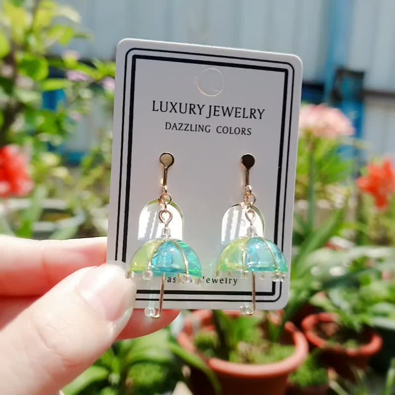 妍语手作 可定制 925银 耳环 雨伞 透明 耳针 耳夹 礼物 疗愈 - 耳环/耳夹 - 树脂 蓝色