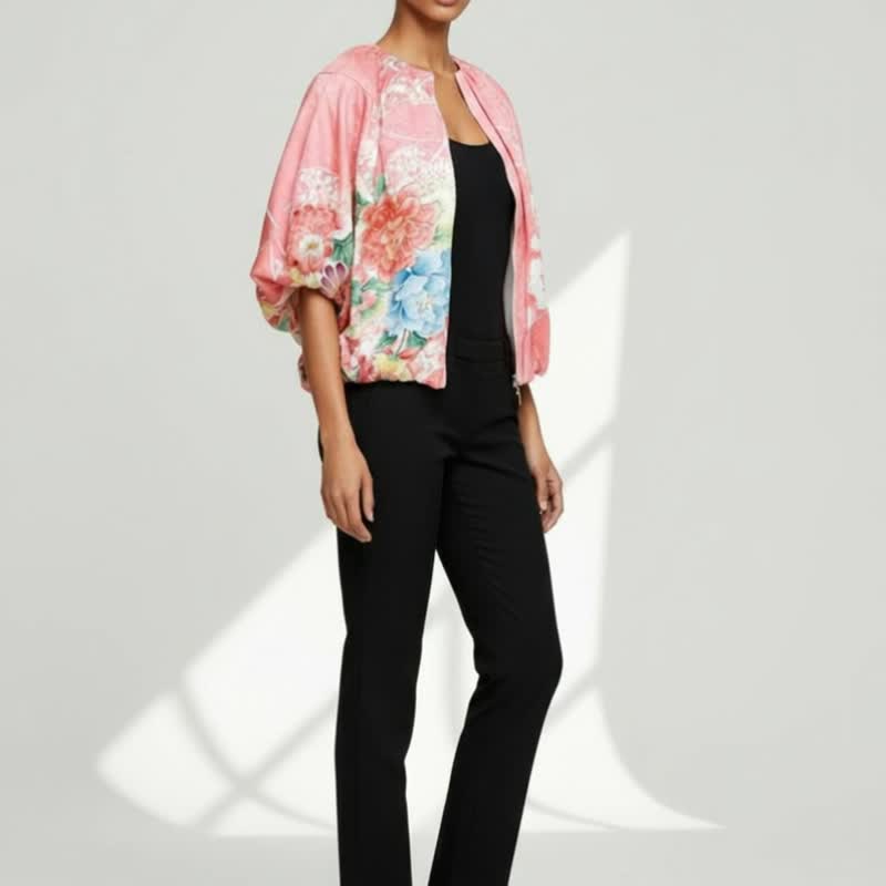 采用古董和服制成的独一无二气球外套。免费送货。和服改造。 - 女装休闲/机能外套 - 丝．绢 粉红色