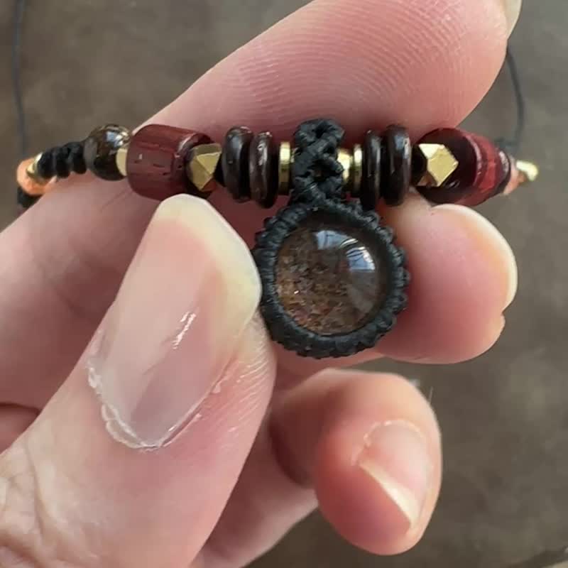 N1197 民族风 蜡线编织 幽灵水晶 铜珠 颈链 (可调长度) - 项链 - 宝石 咖啡色