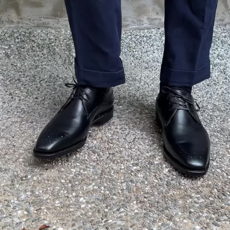 固特异手工真皮翼纹雕花德比鞋 雕花皮鞋 Wingtip Derby 可定制 - 男款靴子 - 真皮 黑色