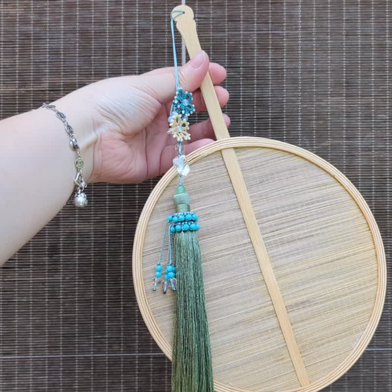 扇子竹帘团扇汉服配饰白水晶随形珠东陵玉双花挂饰 - 扇子 - 水晶 绿色