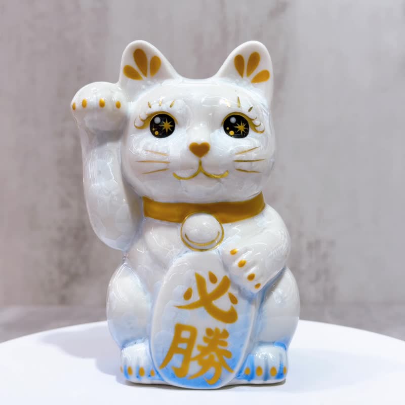 【雅韵吉祥】日本清水烧招财猫 | 花结晶 青白 必胜 右 - 摆饰 - 瓷 白色
