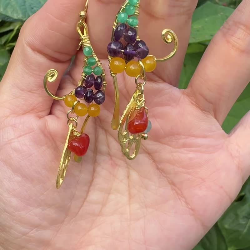 独特手工黄铜线耳环  配天然石饰 5 - 耳环/耳夹 - 铜/黄铜 金色