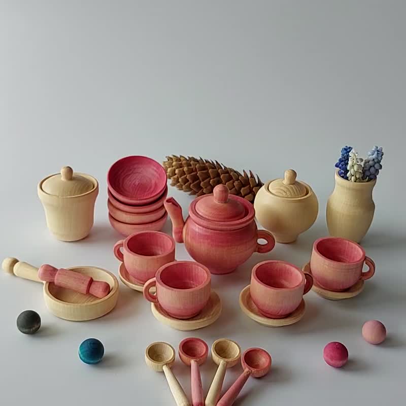 Play dishes Wooden tea set Montessori toys Wooden play kitchen - 玩具/玩偶 - 木头 红色