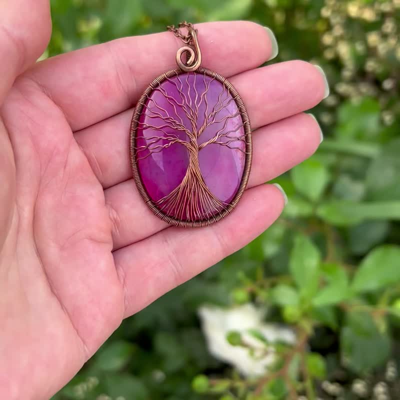 Agate Necklace Tree-Of-Life Pendant Necklace Reiki Healing Stone Necklace - 项链 - 半宝石 粉红色