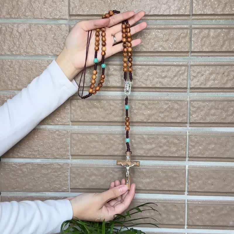 以色列进口橄榄木耶稣十字架8mm念珠 8230803 - 项链 - 木头 咖啡色