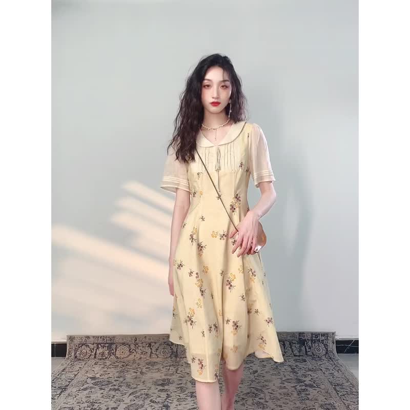 轻薄凉快 水果碎花洋装中长款优雅法式复古短袖连衣裙 - 洋装/连衣裙 - 聚酯纤维 