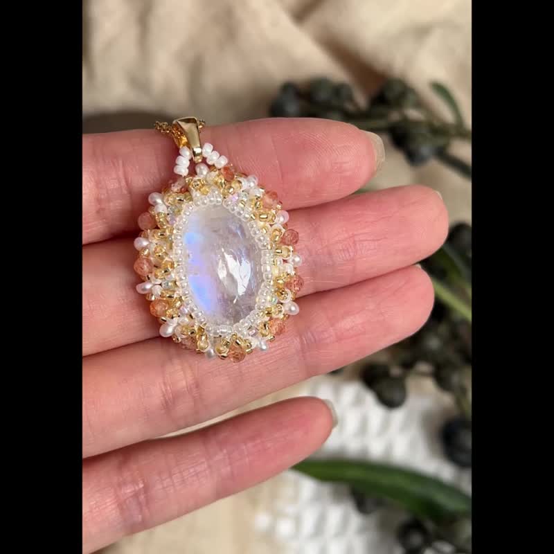 彩虹月亮石 玻璃米珠x天然石 串珠吊坠 配宝石链 - 项链 - 水晶 白色