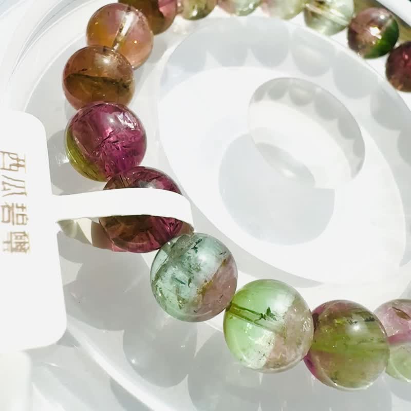 小精品小清新西瓜碧玺 9.7-10mm29.91g 冰透彩带共生高频磁场旺夫石 - 手链/手环 - 水晶 多色
