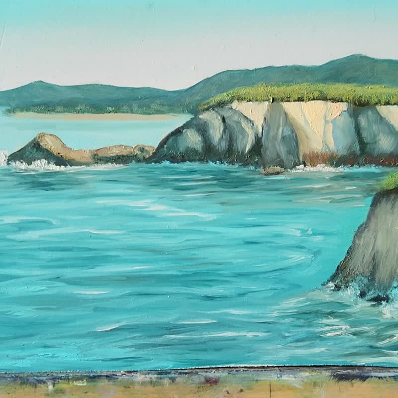 原厂油画《普纳海滩夏威夷》14x10 海岸悬崖绿松石海 - 插画/绘画/写字 - 亚麻 