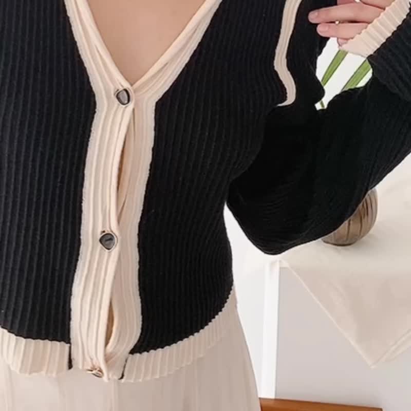 直纹开襟针织衫-黑/米 - 女装针织衫/毛衣 - 聚酯纤维 黑色
