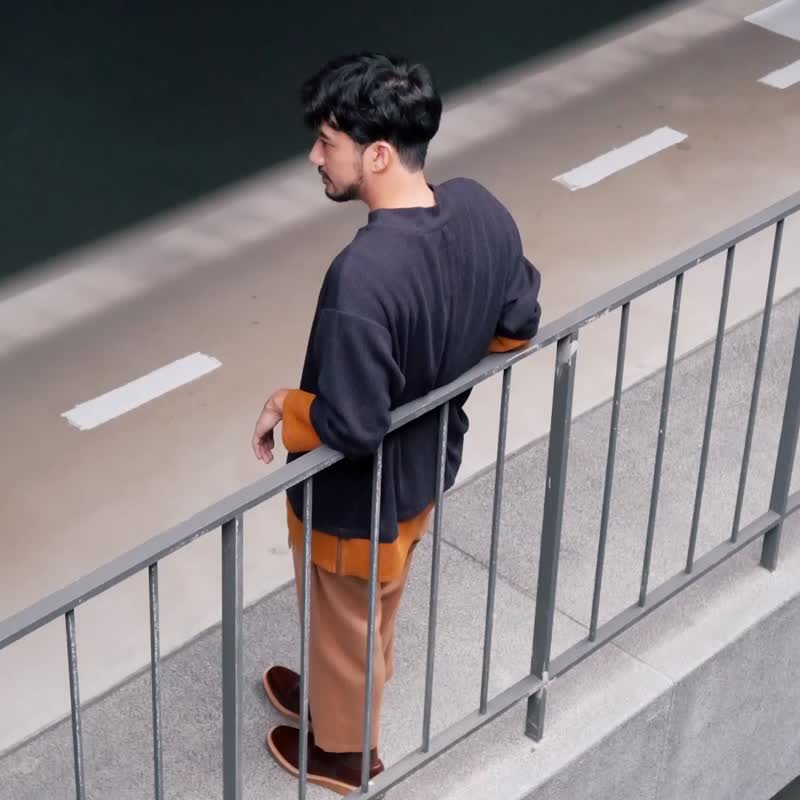 畦织配色针织上衣 - 男装针织衫/毛衣 - 羊毛 蓝色