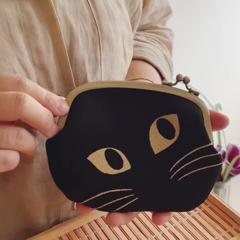 *热门*黑猫收纳包M 京都匠人手作纯绢口金包 /侧开口金独特优雅 - 零钱包 - 丝．绢 