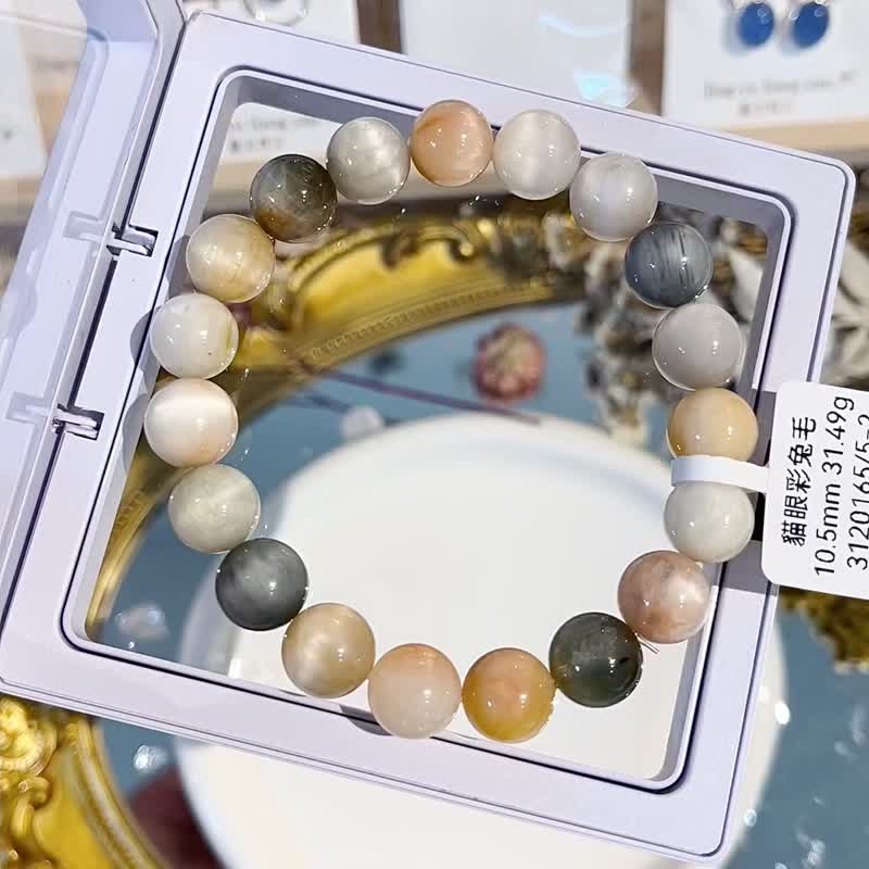 小精品猫眼稀有灰兔毛彩串毛兔毛水晶10.5mm31.49g净化磁场疗愈能 - 手链/手环 - 水晶 多色