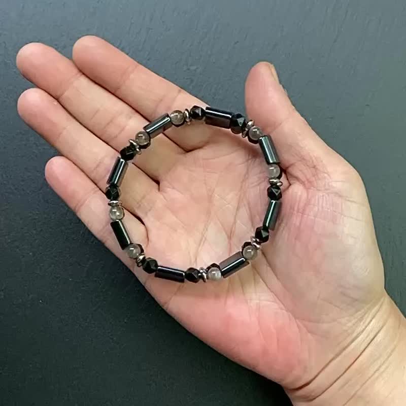 招财避邪 防小人-金属光感黑胆石x黑金骨干x黑曜石 钛钢手排 手环 - 手链/手环 - 水晶 多色