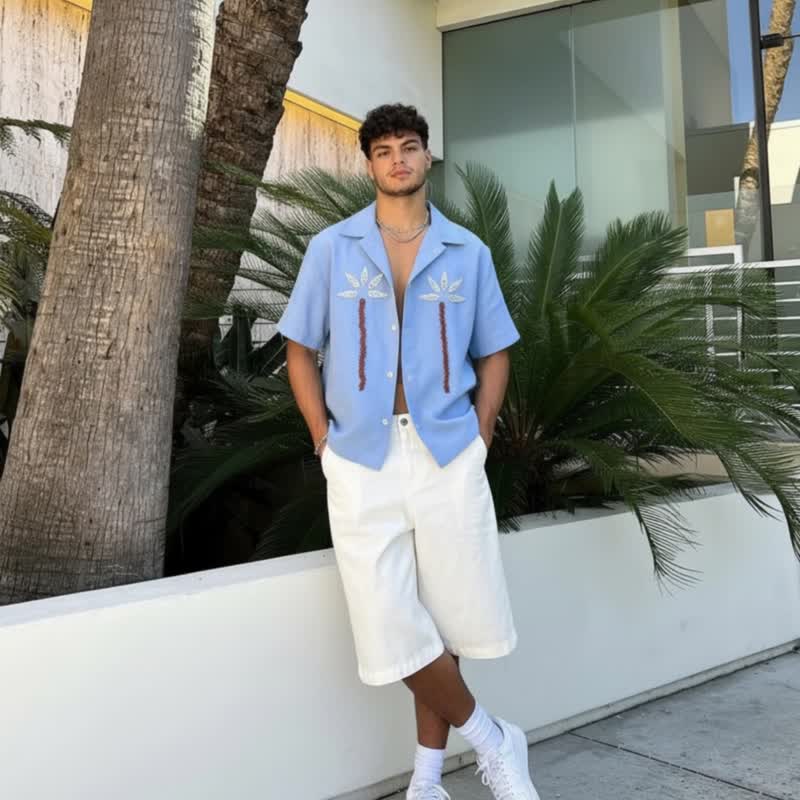 男士亚麻人造丝衬衫棕榈树海贝与鲁德拉克沙刺绣 - 男装衬衫 - 亚麻 蓝色