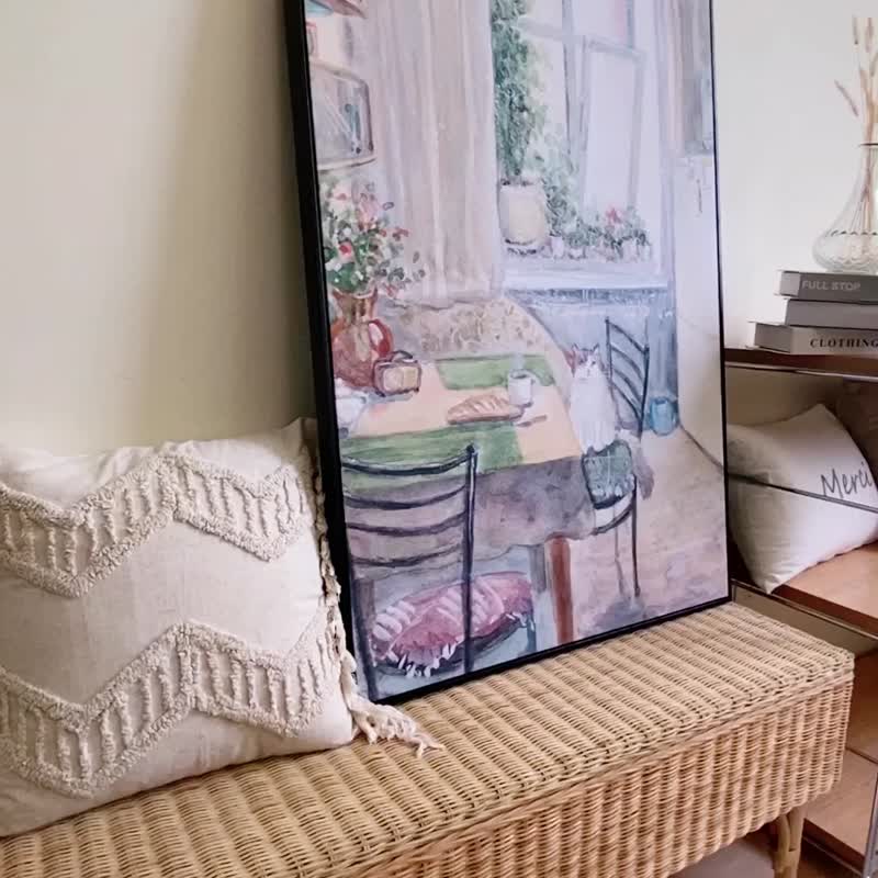 与猫有约的早晨 - 文青疗愈猫咪插画挂画/宠物挂画/卧室装饰画 - 海报/装饰画/版画 - 棉．麻 灰色