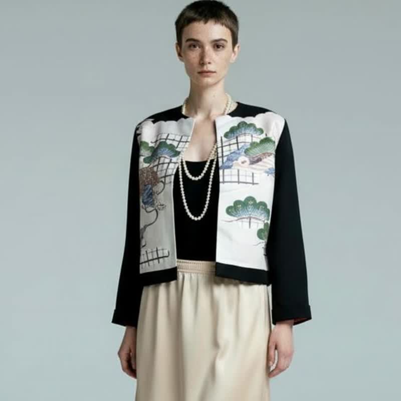 KIMONO 圆领外套 - 以复古和服制作的独一无二圆领外套 - 女装休闲/机能外套 - 聚酯纤维 黑色