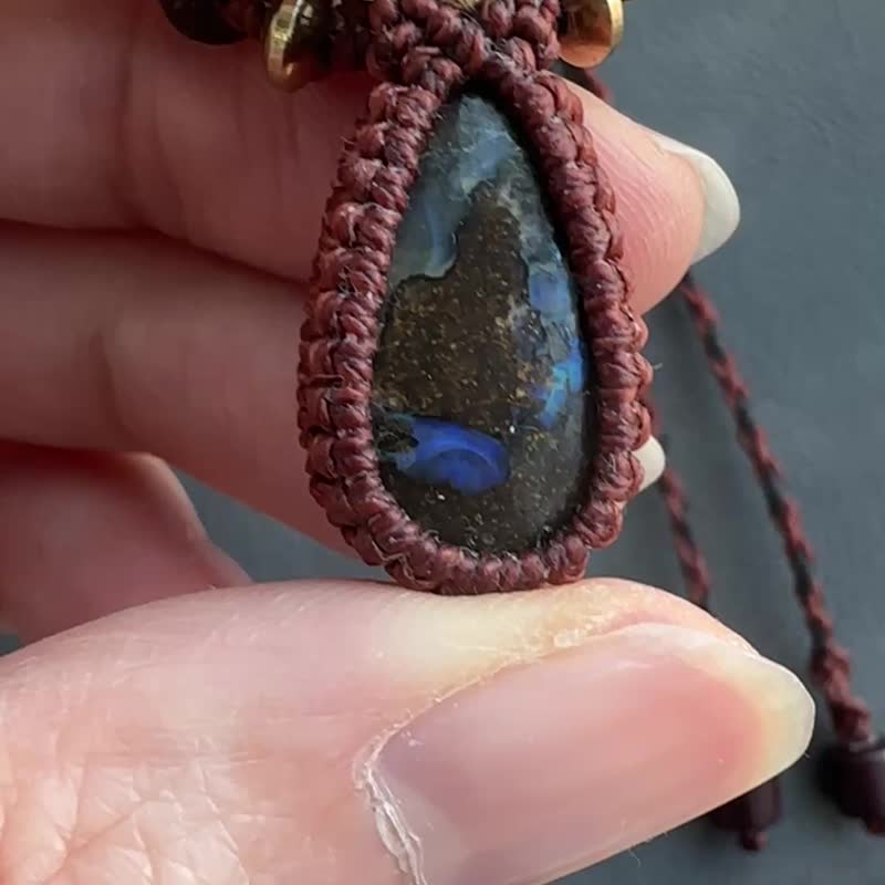 N1201 民族风 砾石澳宝 (Boulder opal) 铜珠 颈链 (可调长度) - 项链 - 宝石 卡其色