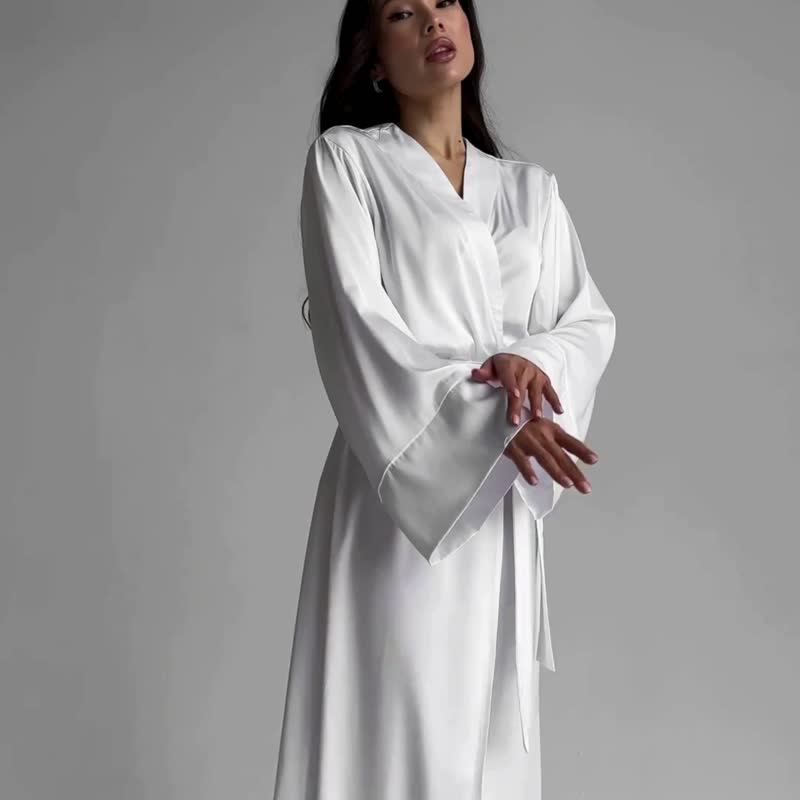 奢华长款真丝长袍 | 优雅长款婚礼晨袍 | 和服真丝长袍 - 居家服/睡衣 - 丝．绢 白色