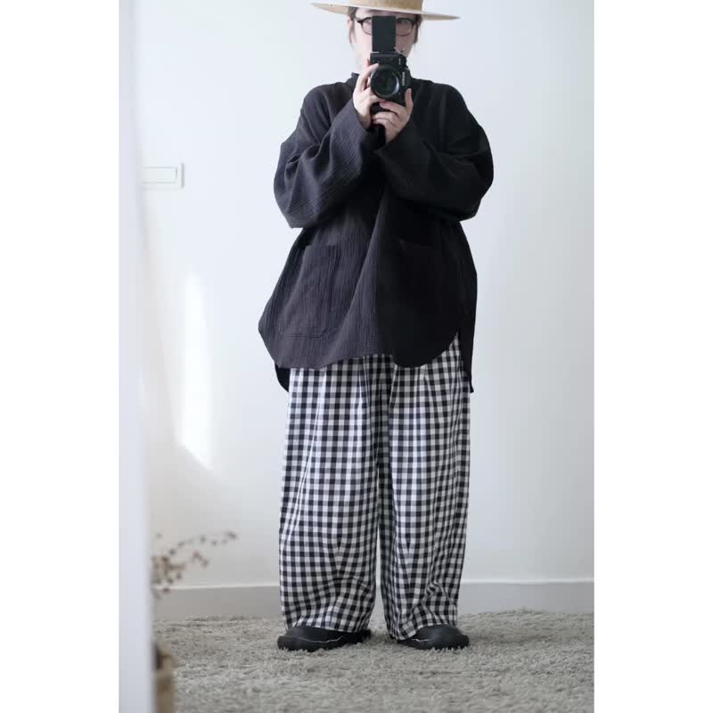 皱皱的宽版开襟上衣/墨黑 - 女装上衣 - 棉．麻 黑色