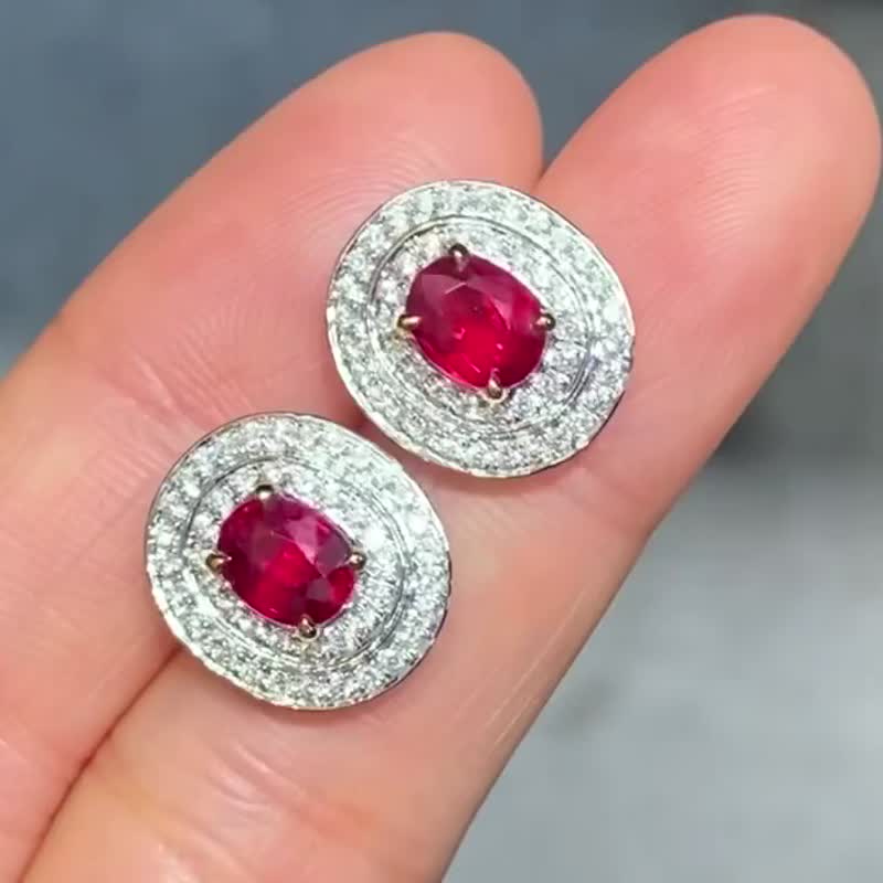 无烧鸽血红宝石耳钉 2.08克拉 - 耳环/耳夹 - 宝石 