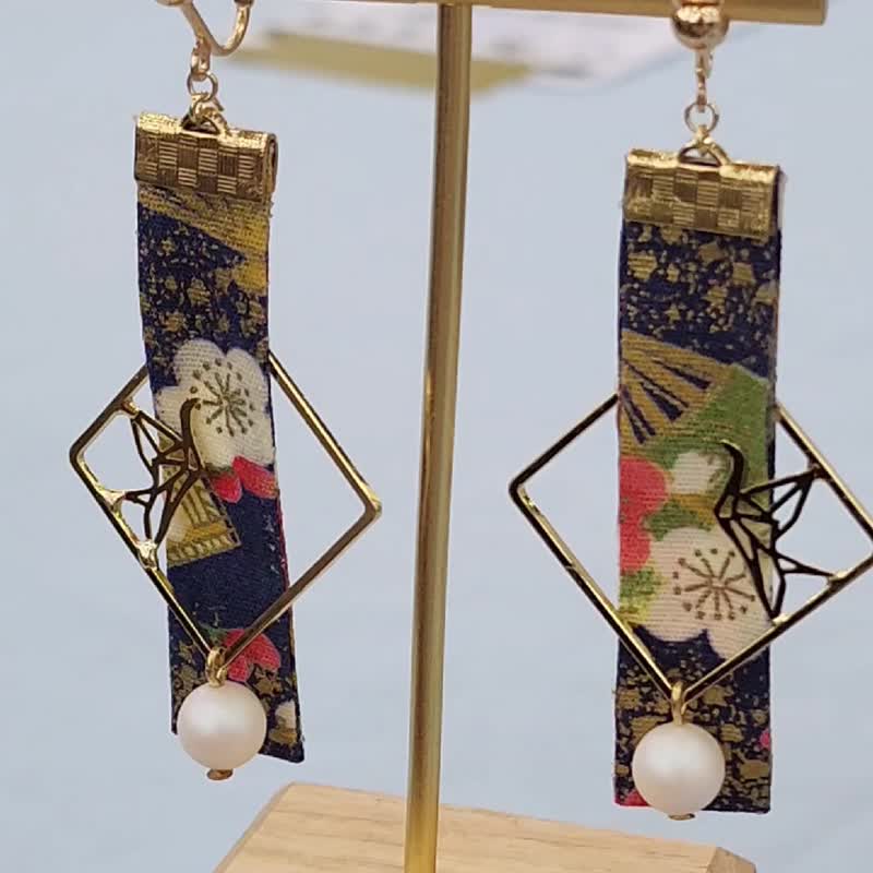花魁 日式纸鹤耳环 蓝色 镀真金 耳夹 耳针 - 耳环/耳夹 - 其他金属 蓝色