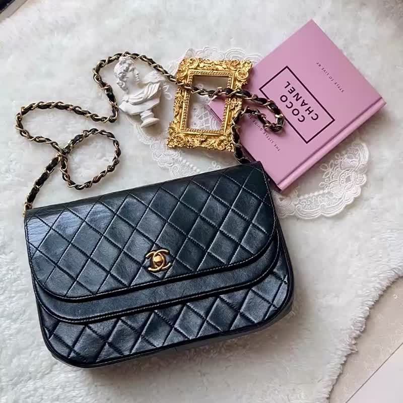 【日本中古】86-88年 罕有中古CHANEL Double Flap Bag 原装贴附 - 侧背包/斜挎包 - 真皮 黑色