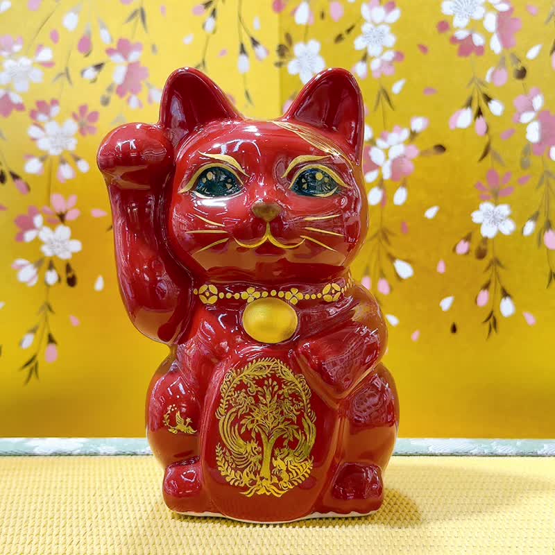 【飞耀纳福】日本清水烧招财猫 | 赤地 龙凤 右 - 摆饰 - 瓷 红色