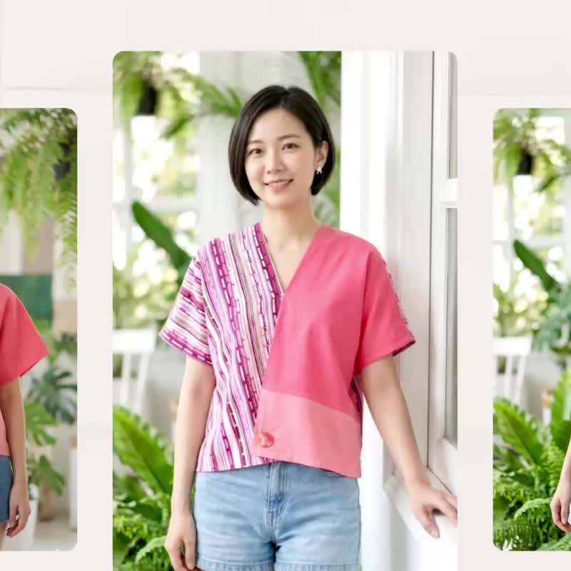 艺术感手绘风条纹拼接撞色粉红色果冻扣微修身四角衣 - 女装衬衫 - 棉 粉红色