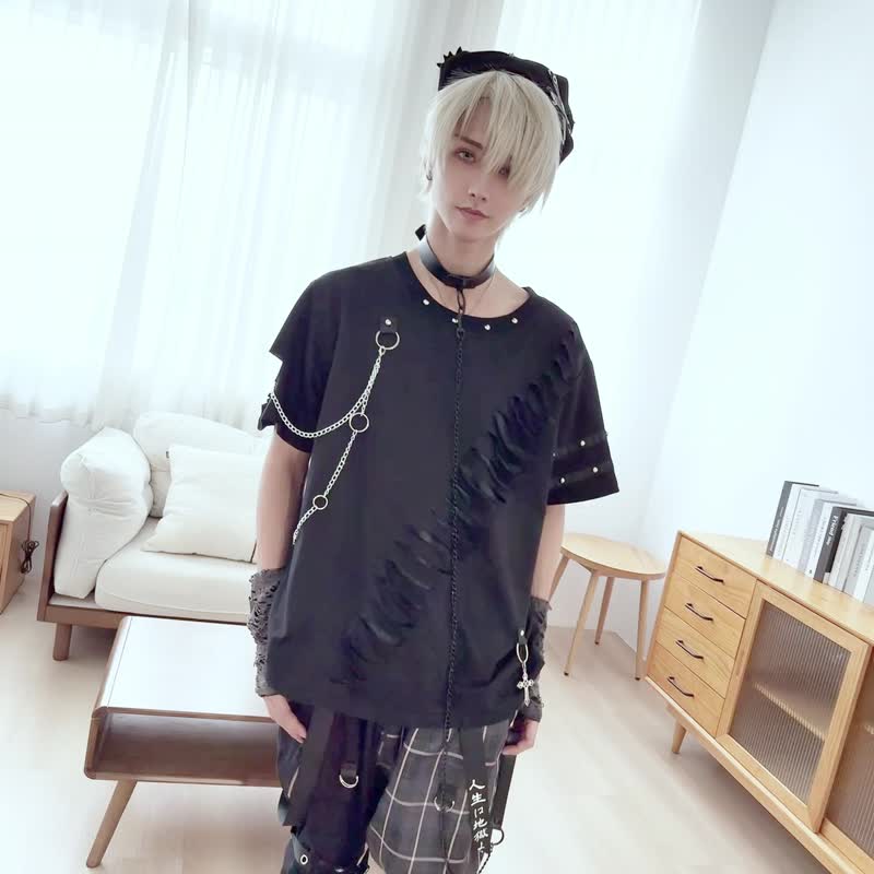 原创庞克混乱序列割破假两件铁链造型格纹拼接中性短袖 T 恤 JJ2539 - 男装上衣/T 恤 - 棉．麻 