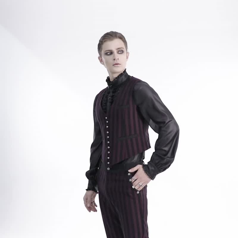 蒸汽庞克神秘侦探优质条纹西装 / 背心 / 长裤 - 红 / 黑 / 蓝 - 男装背心 - 其他材质 红色