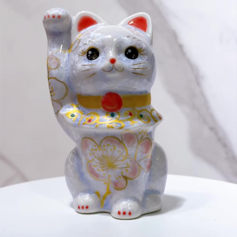 【樱舞吉祥】日本清水烧招财猫 | 花结晶 藤 体花 - 摆饰 - 瓷 蓝色