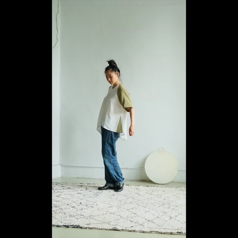弧形下摆拼接上衣 / 双层纱 卡其绿 - 女装 T 恤 - 棉．麻 白色