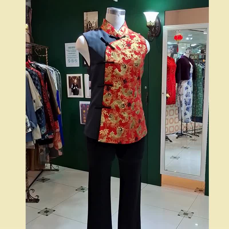 VINTAGE 悦裳 新式改良复古 红鲤鱼拼布背心 春装 - 中性连帽卫衣/T 恤 - 聚酯纤维 红色