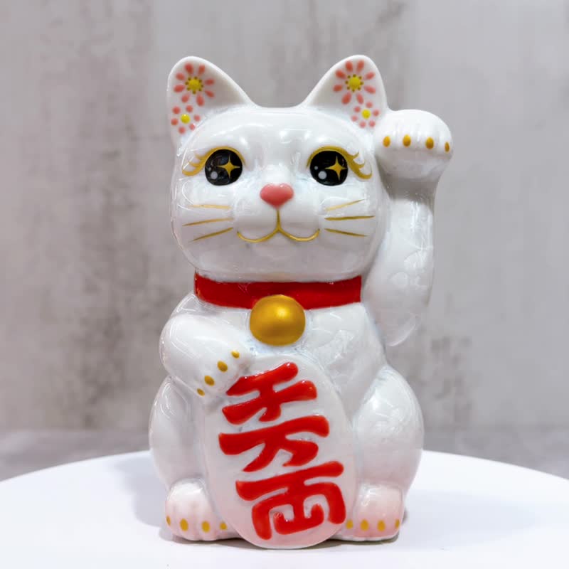 【千福盈门】日本清水烧招财猫 | 花结晶 桃白 千万両 左 - 摆饰 - 瓷 白色